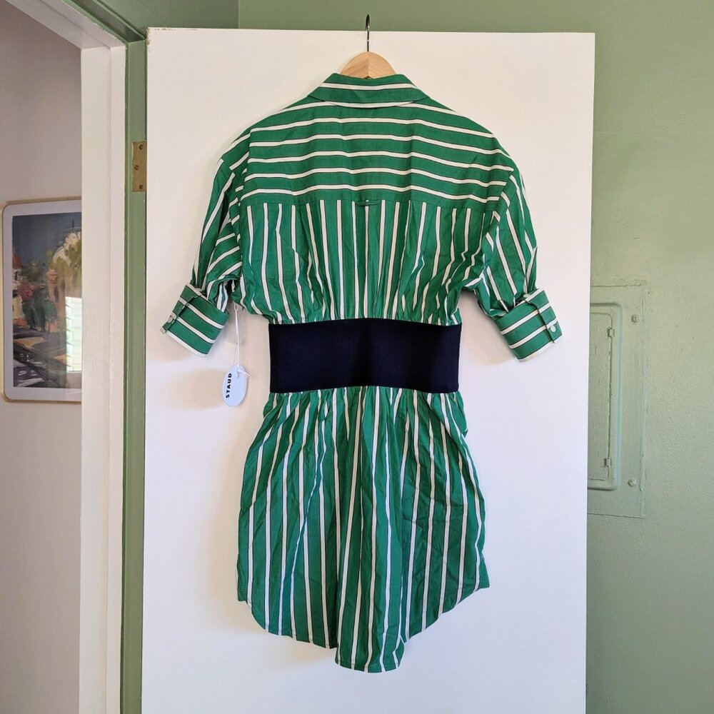 STAUD Michelle Striped Shirt Mini Dress Seaweed Green Size M NWT Chic Versatile - Picture 4 of 16